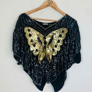 Vintage 70s silk sequin butterfly gold and black disco top. One size